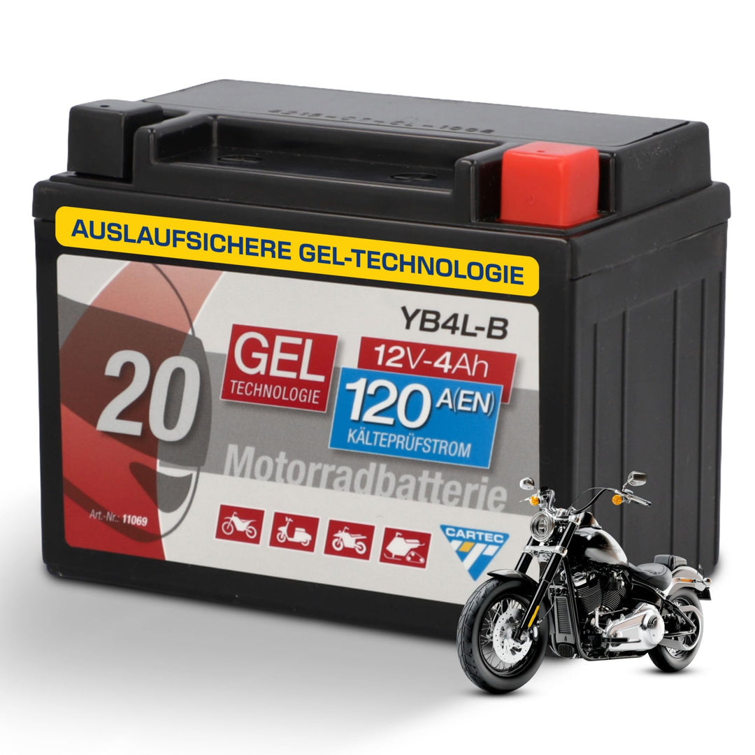 CARTEC Motorradbatterie YB4L-B, 4Ah 56A, Gel Technologie Motorrad-Starter-Batterie, Erstausrüsterqua