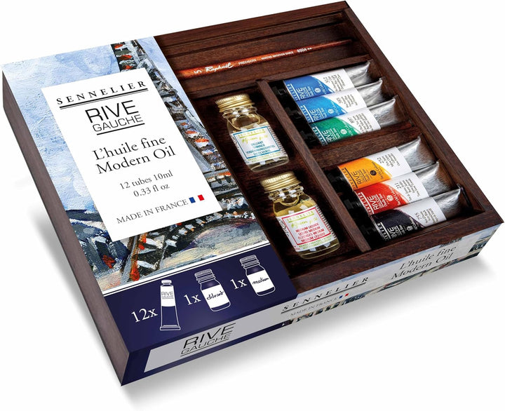 Rive Gauche Oil Wooden Box Set by Sennelier, Includes 12-10ml Tubes and Accessories (10-130330-00)