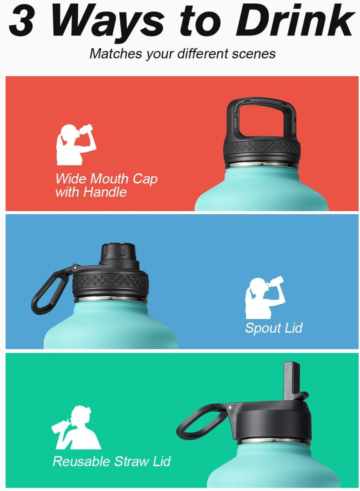 Isolierte Wasserflasche 2L, Coolflask Wasserflasche mit Strohhalm &amp; 3 Deckeln, Edelstahl Isolierte t