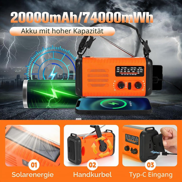 Notfall-Solar-Kurbelradio mit 20.000 mAh, AM/FM NOAA tragbares Wetterradio mit USB-Aufladung, Handy-