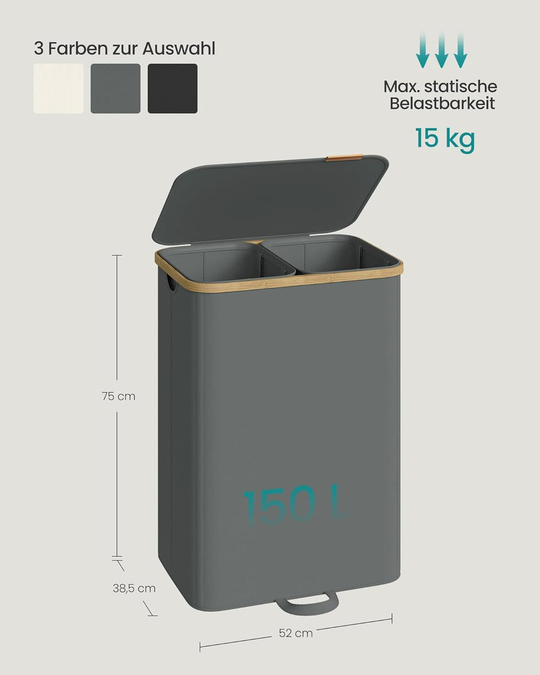 SONGMICS Wäschekorb mit Deckel, Wäschesammler, Wäschesortierer, Wäschetonne, Wäschesack herausnehmba