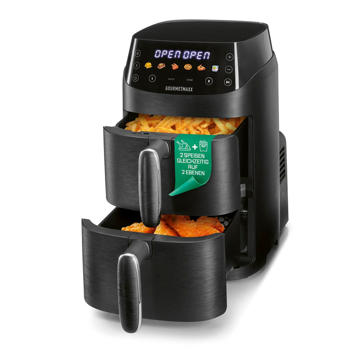 GOURMETmaxx FryUp Vertikale Doppelkammer Heissluftfritteuse XS | Airfryer mit MultiColour-LED-Touchd