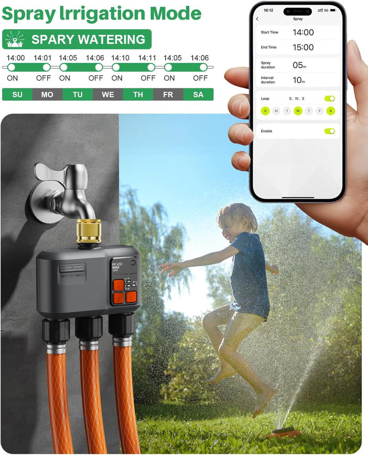 Bewässerungscomputer WLAN 3 Ausgänge mit Messingeinlass/300M RF-Technologie, Bewässerungsuhr für Gar