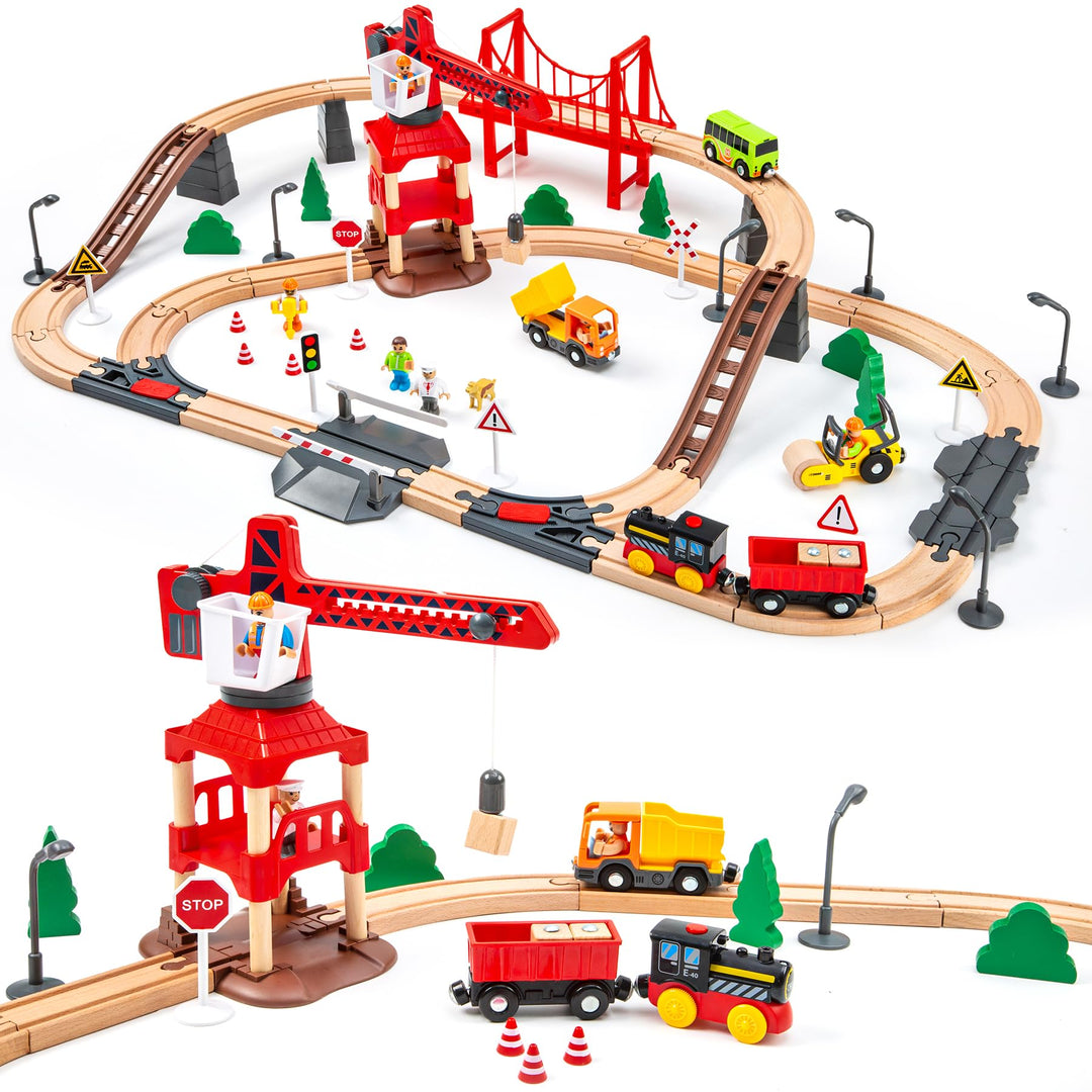 86PCS Holzeisenbahn Set mit Kran, Eisenbahn Holz mit Kran Spielzeug, Holz Eisenbahn Kinder, Passend