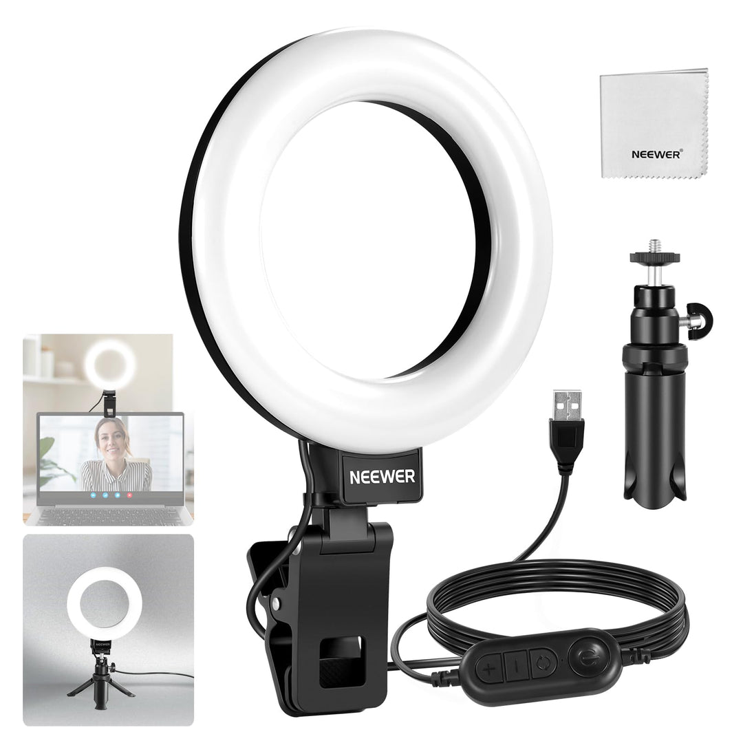 NEEWER Basics 5" Ringlicht mit Mini Stativ Ständer für Tisch Videokonferenz Licht, Clip on Streaming