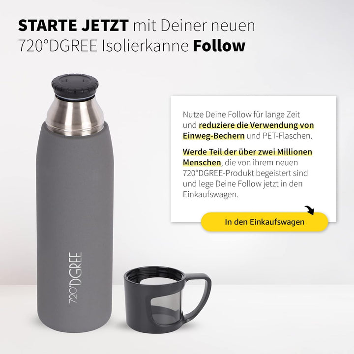 720°DGREE Thermoskanne mit Becher “Follow” - 450ml, 700ml, 1l - Auslaufsicher, BPA-Frei - Edelstahl