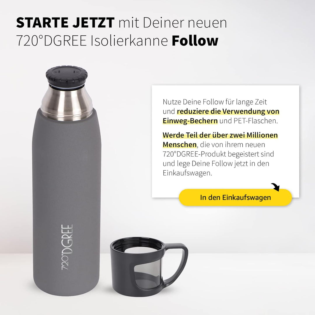 720°DGREE Thermoskanne mit Becher “Follow” - 450ml, 700ml, 1l - Auslaufsicher, BPA-Frei - Edelstahl