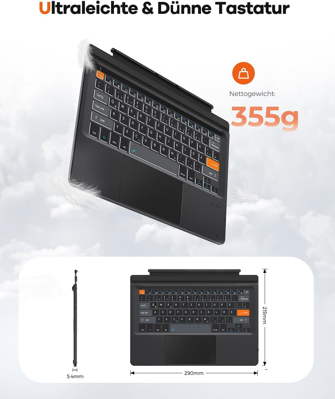 Doohoeek Bluetooth Tastatur für Surface Pro 7+/7/6/5/4/3, Kabellose Beleuchtete Tastatur, Ultraslim