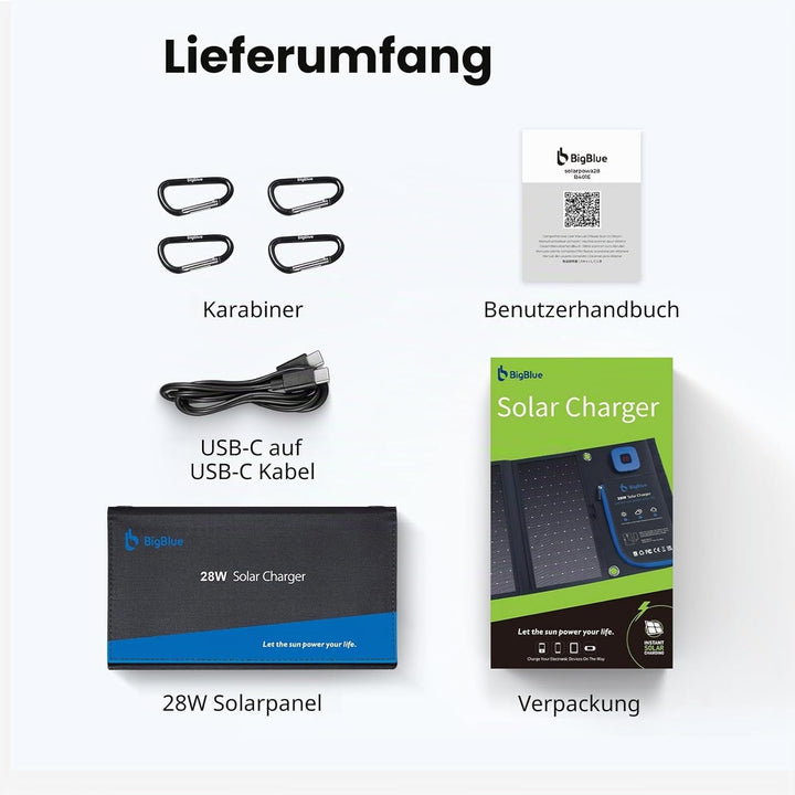 BigBlue 28W Tragbar Solar Ladegerät 2-Port USB(5V/4A insgesamt), IPX4, Solarpanel mit Digital Ampere