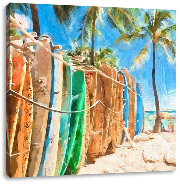 Pixxprint bunter Surfboards am Strand, Format: 70x70 auf Leinwand, 70x70