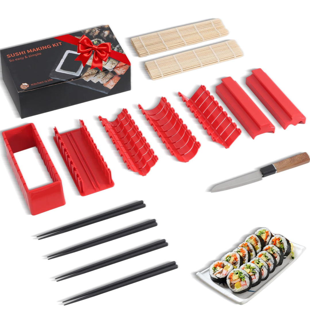 Sushi Maker Set, 14-tlg. Sushi-Kit für Anfänger mit Rolle, Schneideform, Messer, Matten und Stäbchen
