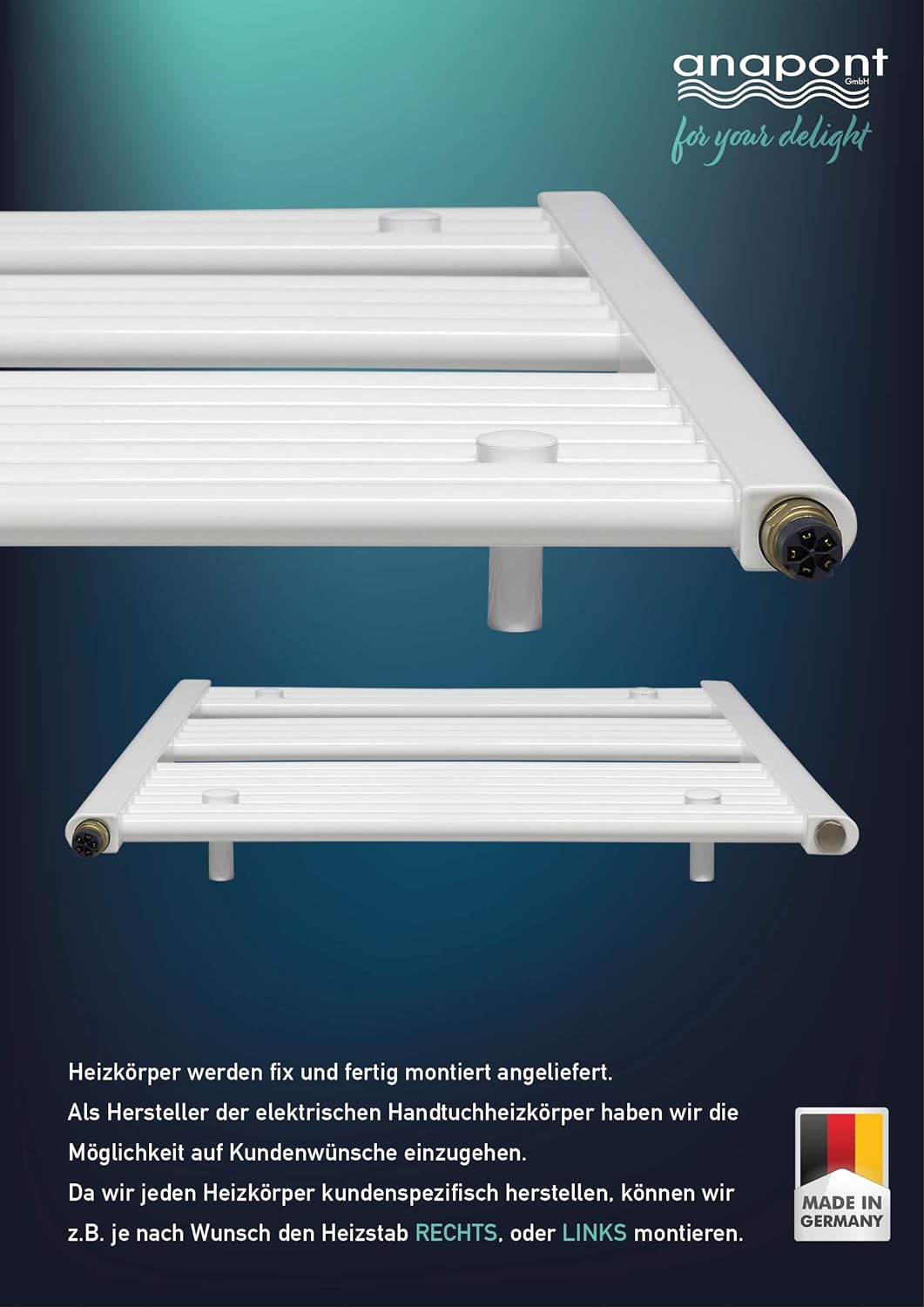 anapont elektrischer Badheizkörper - weiss gebogen - mit AN/AUS - Schalter - Handtuchheizkörper - Ba