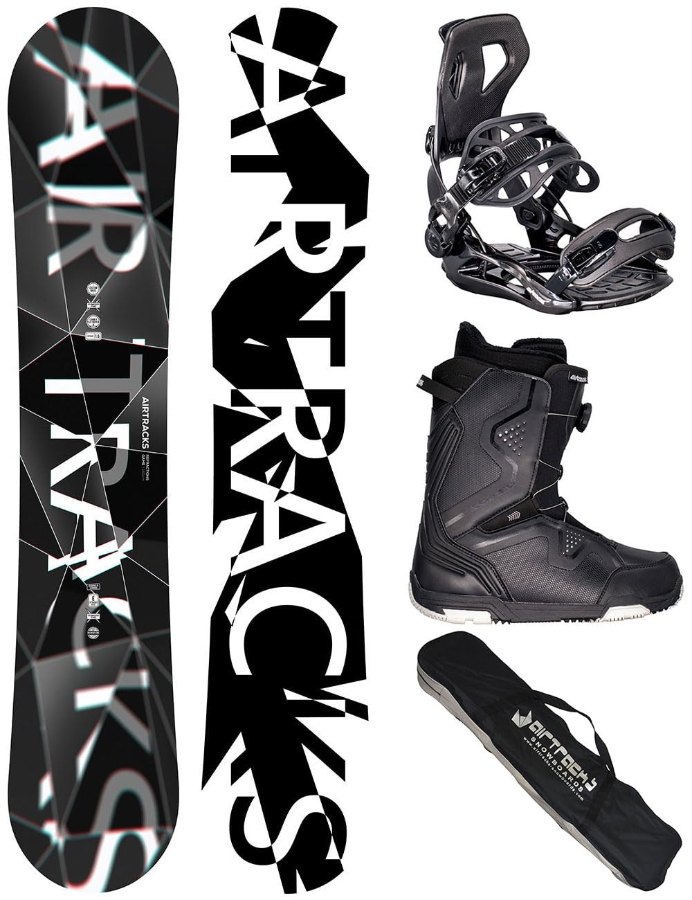 Airtracks Snowboard Komplett Set - REFRACTIONS Game Wide + Snowboardbindung Master + Snowboardboots