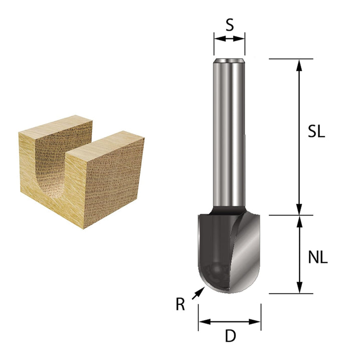 ENT 12581 Wasserrinnenfräser HW, Schaft (S) 8 mm, Durchmesser (D) 9,5 mm, NL 12,7 mm, R 4,76 mm, SL