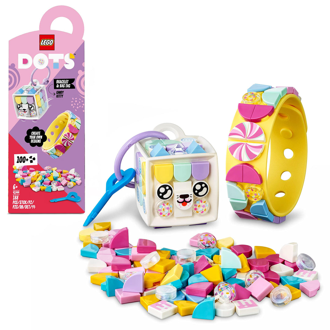 LEGO 41944 DOTS Candy Kitty Armband & Taschenanhänger mit Katze, kreatives 2-in-1 Bastelset, Schlüss