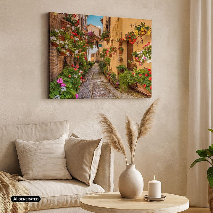 Bilder auf Leinwand Path Blumen Haus Hof Leinwandbild mit Rahmen 70x50cm Wandbilder Dekoration Wohnz
