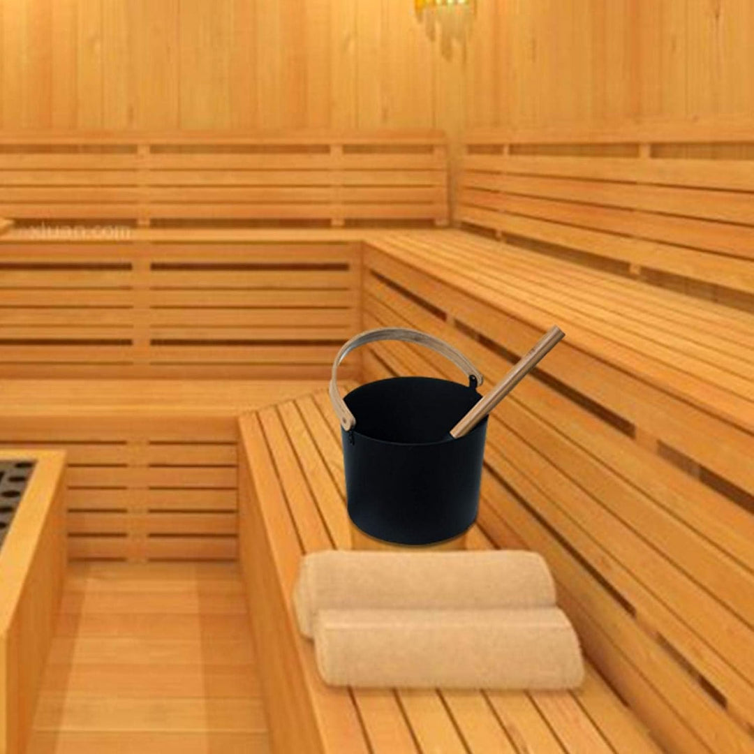 7L Luxuriöser Finnischer Sauna Aluminium Eimer - Sauna Eimer Set mit langem Griff Holzgriff Löffel S