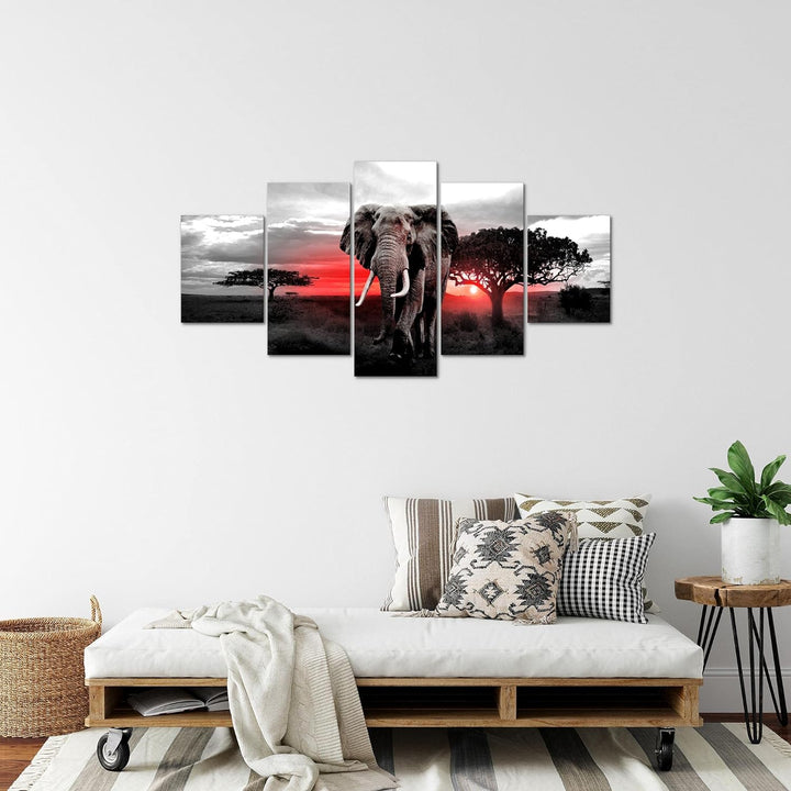 Runa Art Bild Wohnzimmer Schlafzimmer Afrika Elefant 5 Teilig Savanne Grau Rosa Wandbilder auf Vlies