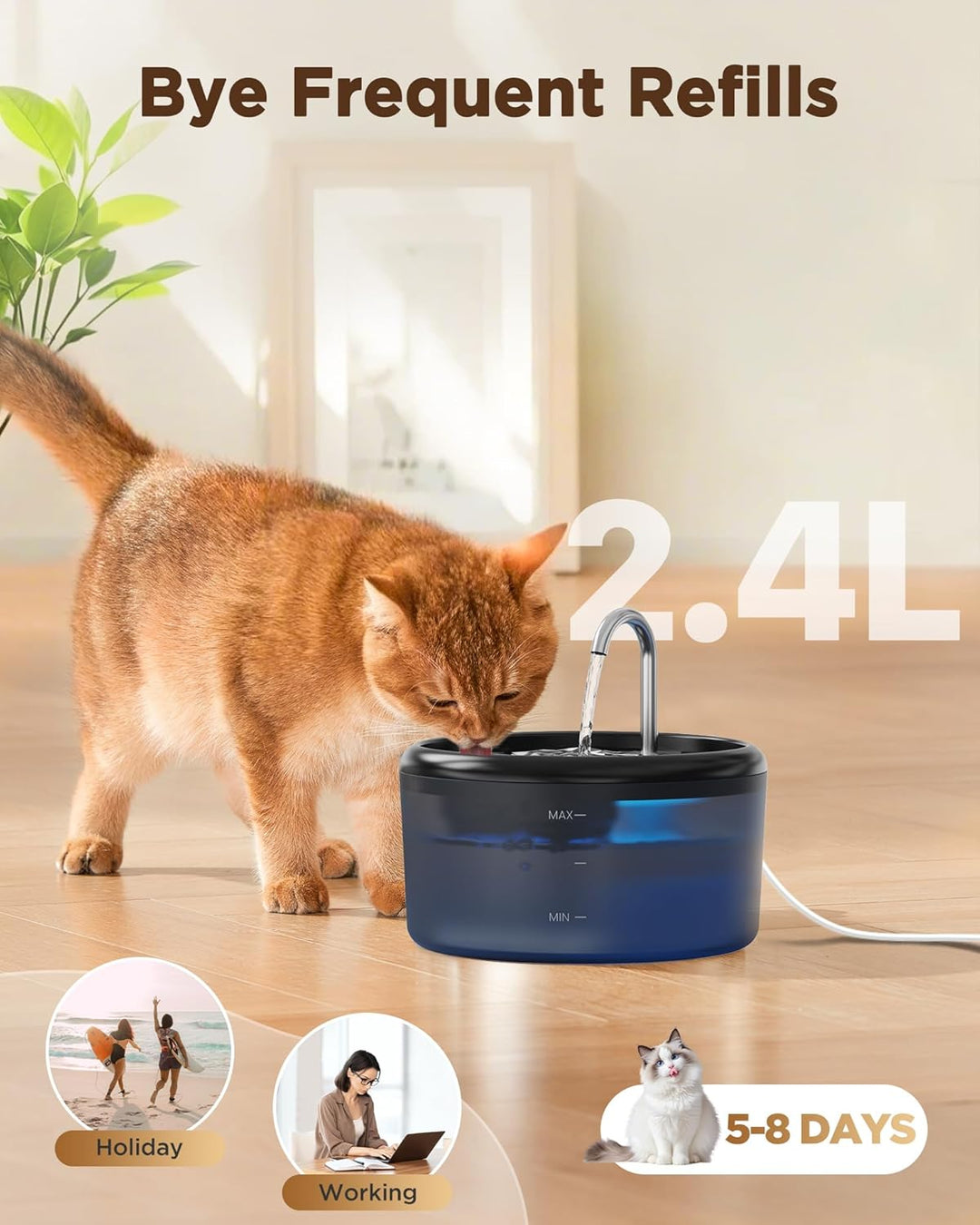 Katzenbrunnen Katzen Trinkbrunnen: 2.4L Trinkbrunnen Katze Leiser - Katzen Brunnen Wasserfall Automa
