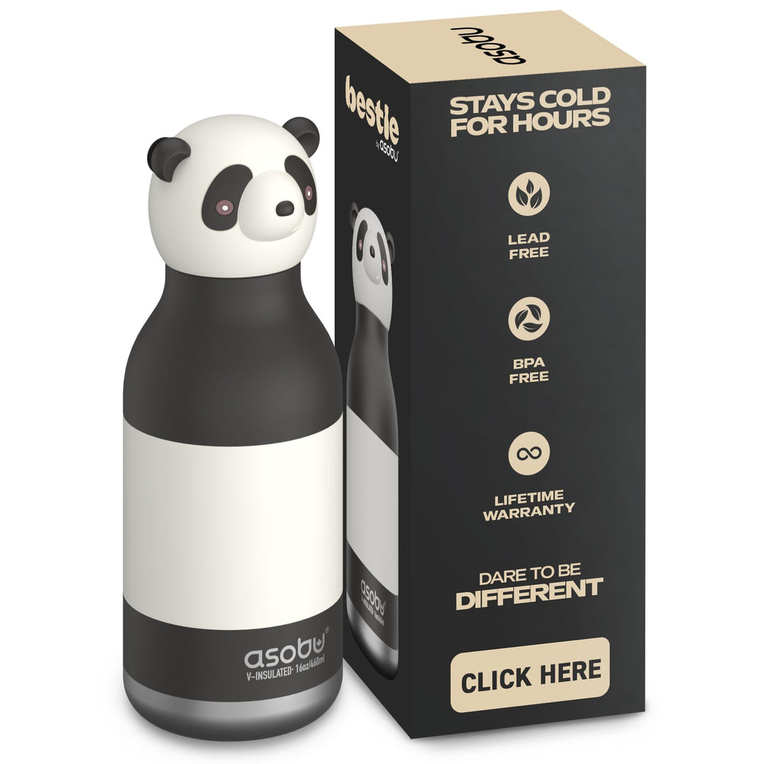 ASOBU Bestie Kindertrinkflasche mit Strohhalm – Isolierte Edelstahlflasche 420ml mit Panda-Kopf – Au