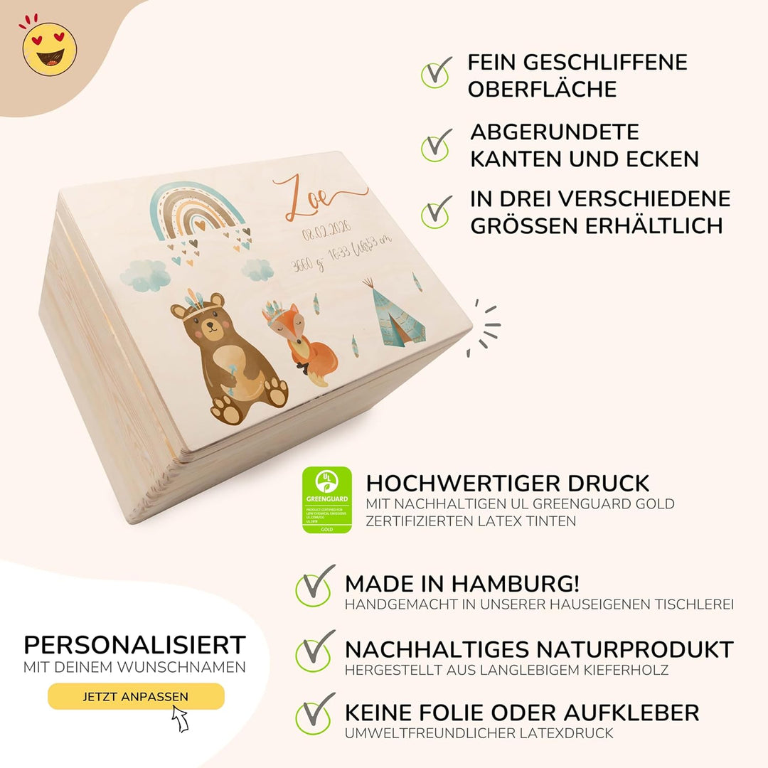 KIDSMOOD - Erinnerungsbox Baby, personalisierte Holzkiste mit Deckel, Ideal zur Aufbewahrung von Eri