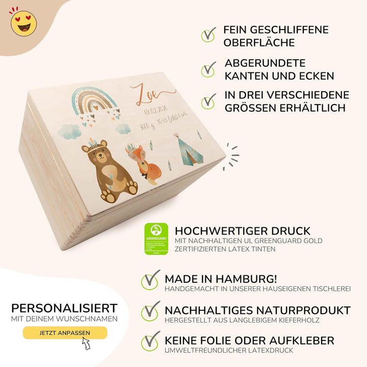 KIDSMOOD - Erinnerungsbox Baby, personalisierte Holzkiste mit Deckel, Ideal zur Aufbewahrung von Eri