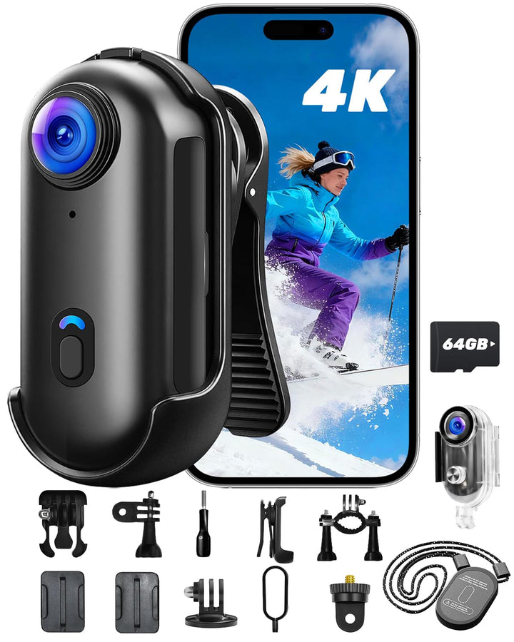 Action Camera 4K mit 64GB SD, BodyCam Körperkamera Mini Magnetische Freisprech POV Kamera mit um 360