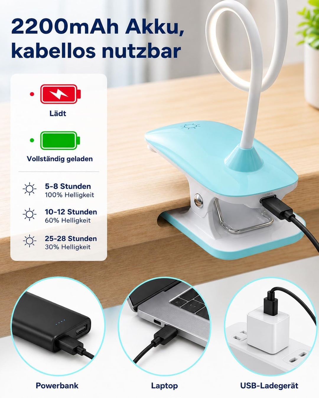 Klemmlampe Bett, LED Leselampe Bett Touch Dimmbar 3 Farben Bettlampe Klemmleuchte Augenschutz Schwan