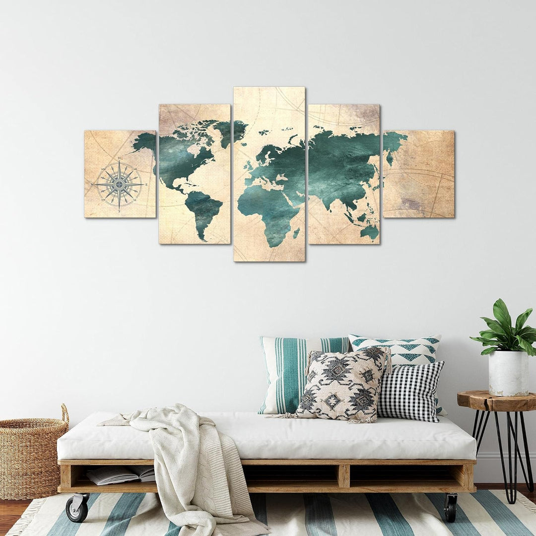 Runa Art - Bilder Weltkarte 200 x 100 cm 5 Teilig XXL Wanddekoration Design Grün braun 026051a 200 x