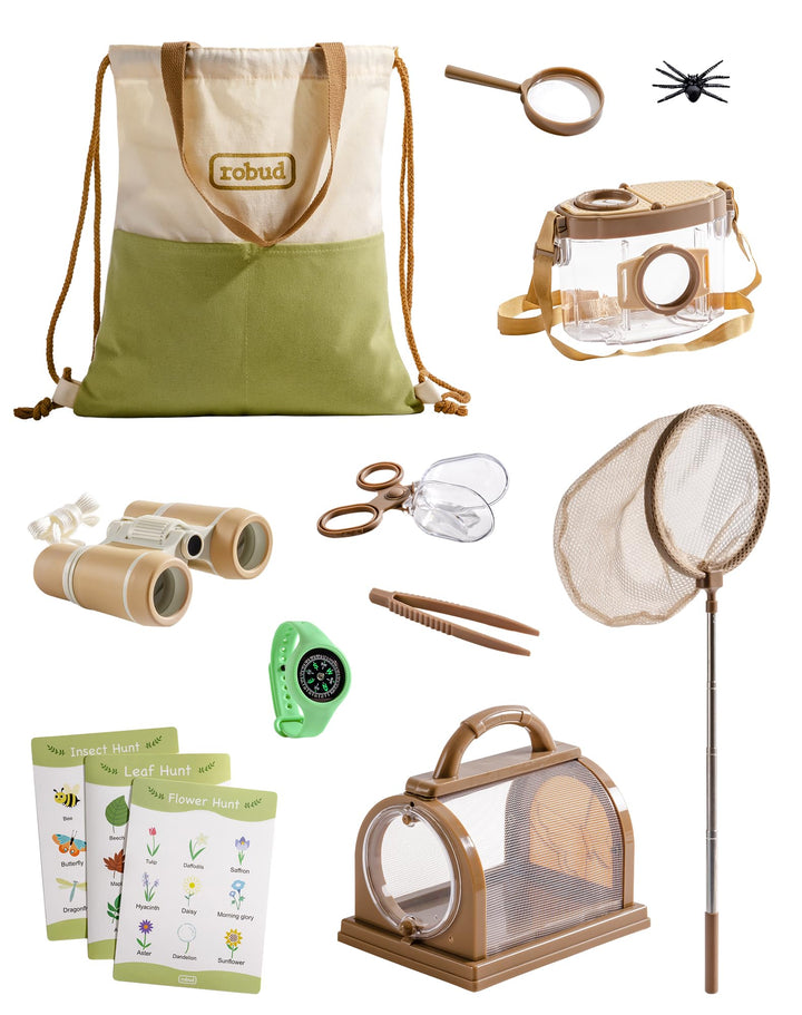 ROBUD Kids Outdoor Explorer Kit, Käferfang-Abenteuer-Sets mit Schmetterlingsnetzen, Lupen, Käferbehä