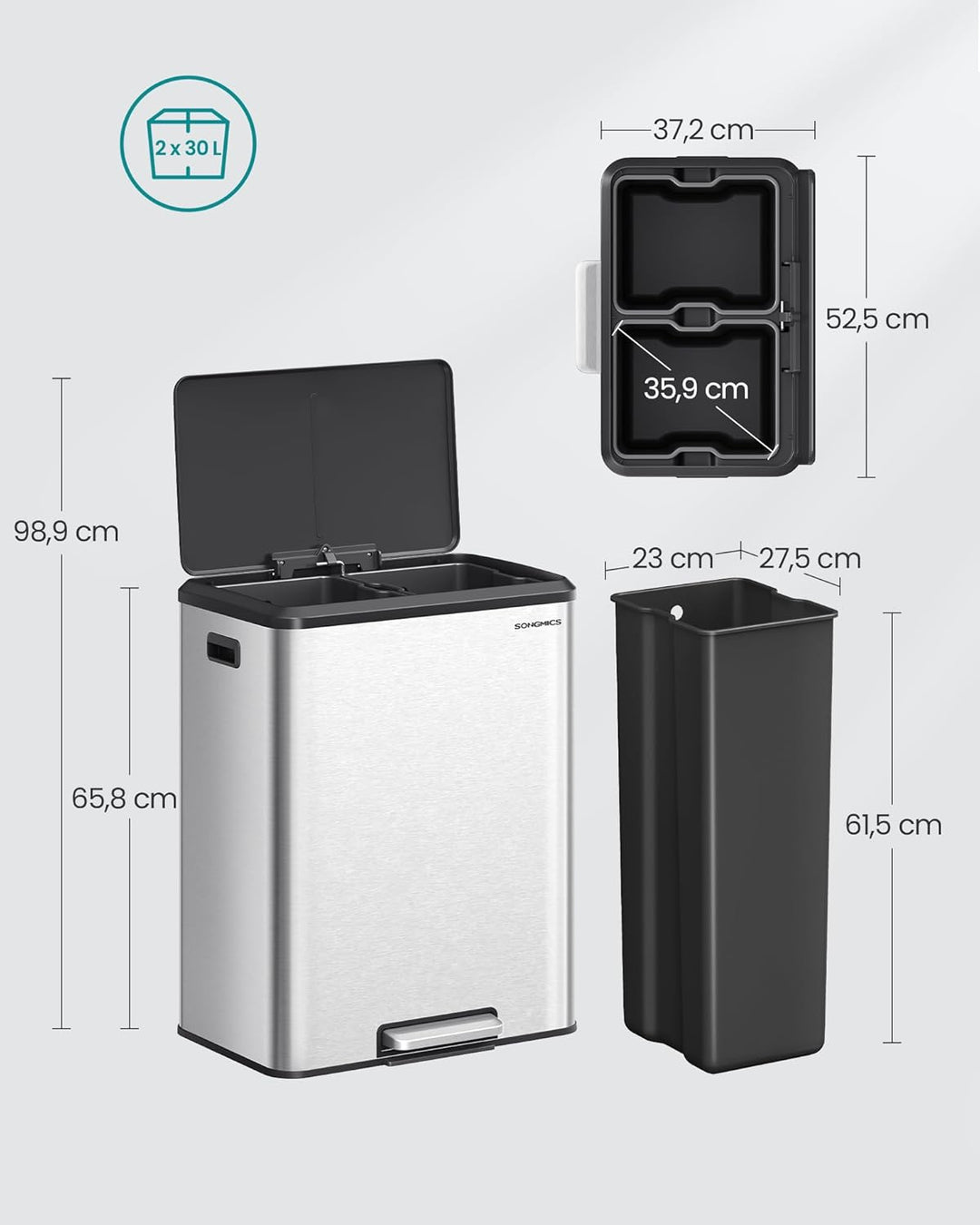 SONGMICS Mülleimer Küche, Mülltrennsystem 2 x 30 L, 2 Fächer für Recycling und Restmüll, Abfalleimer