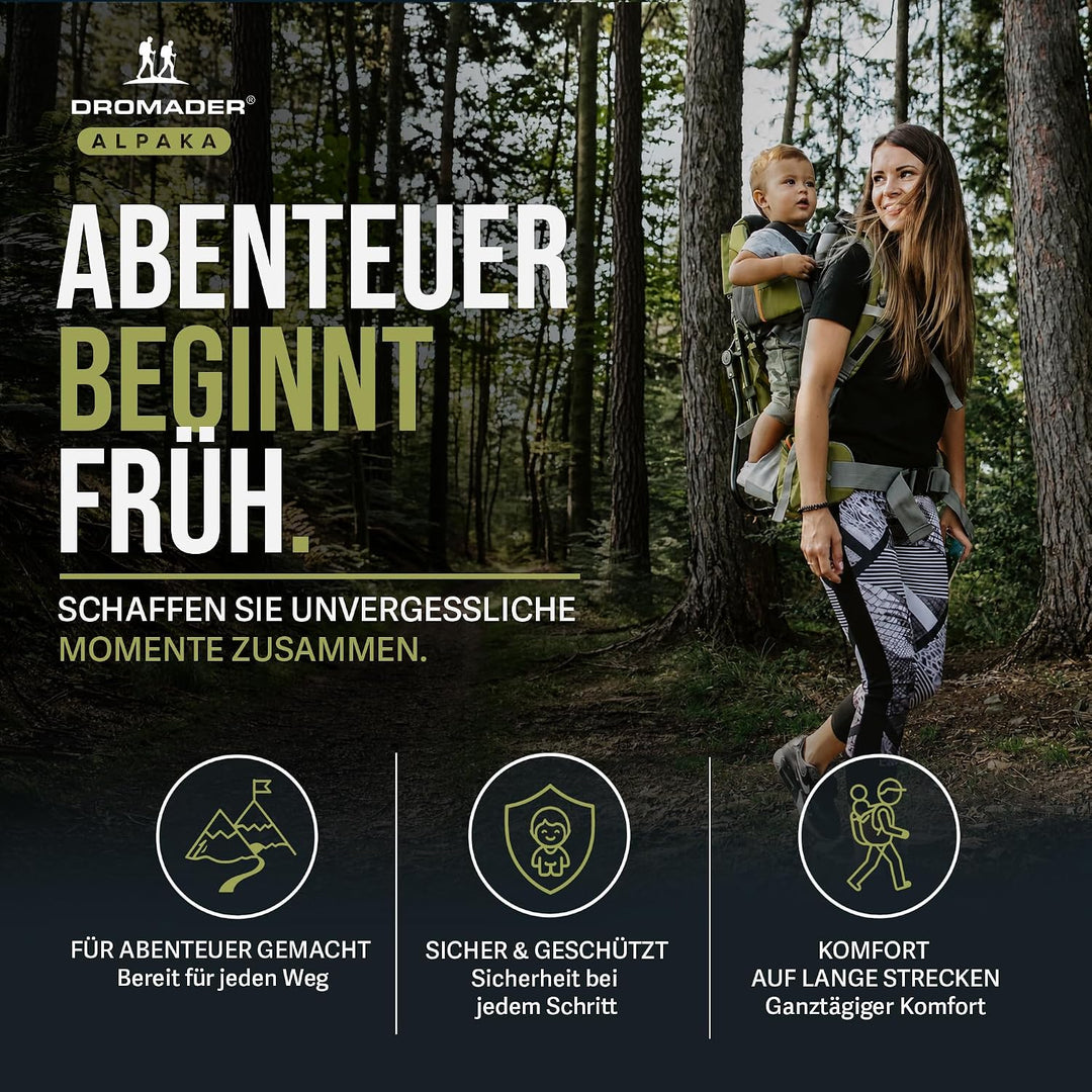 Dromader Kraxe Kindertrage bis 22kg – Kindertrage Wandern mit Sonnendach, Regenschutz, Thermotasche,
