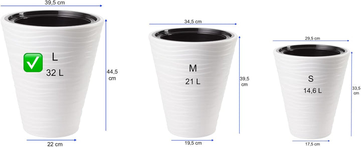 MELTOM Blumenkübel Blumentopf Rund 3D Effekt Slim Weiss Pflanzkübel mit Herausnehmbaren Einsatz (L),