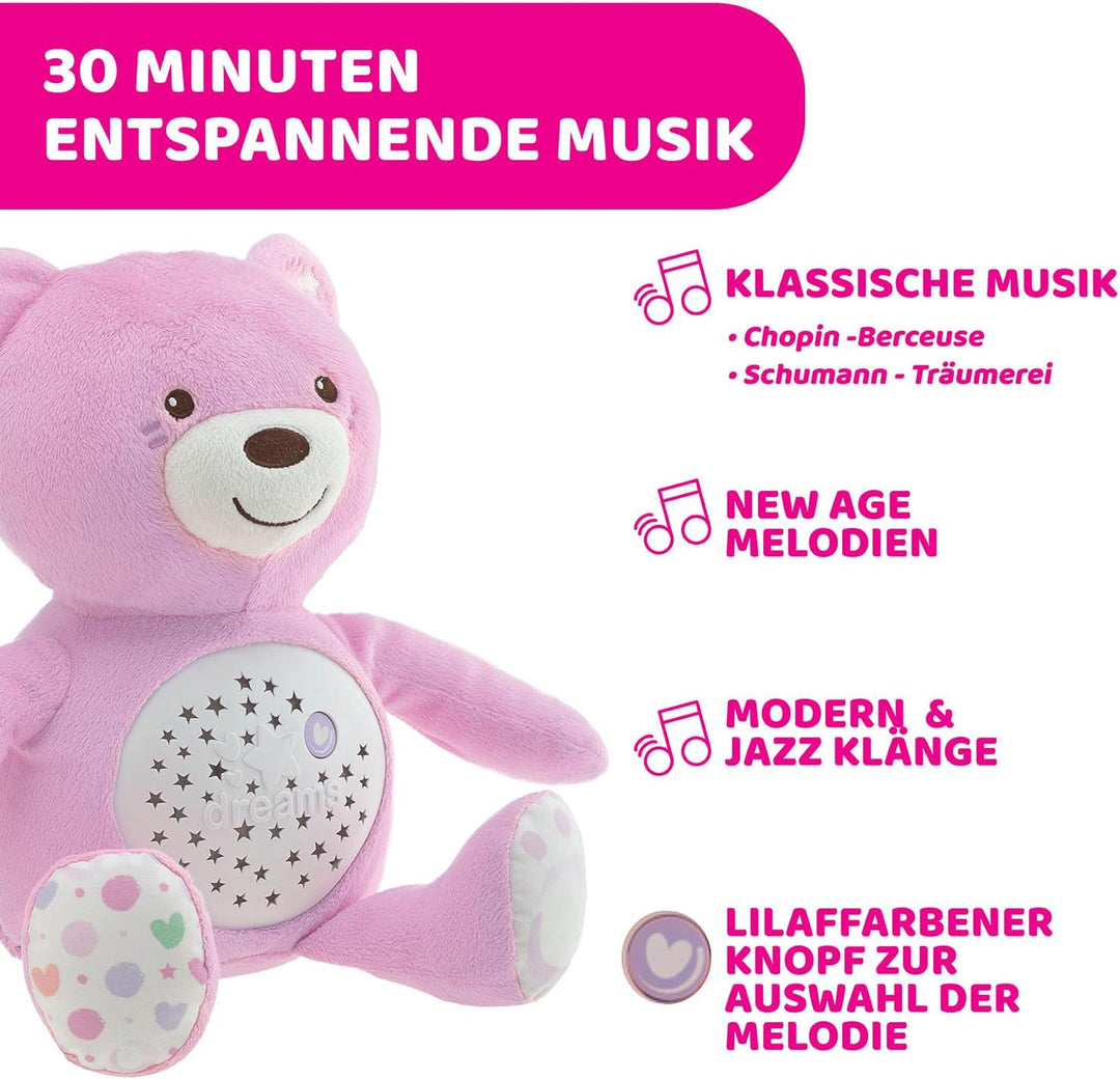 Chicco First Dreams Baby Bär Plüsch-Teddybär, weicher Projektor mit Nachtlicht, Lichteffekten und en