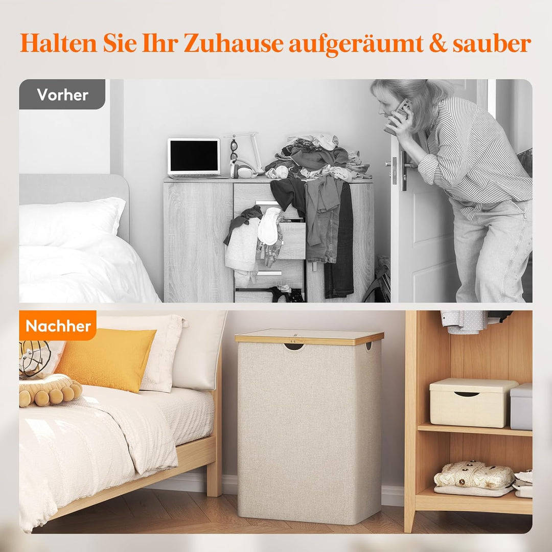 Lifewit 160L Bambus Wäschekorb mit Deckel, Faltbar Wäschesammler 2 Fächer Wäschesortierer mit Abnehm