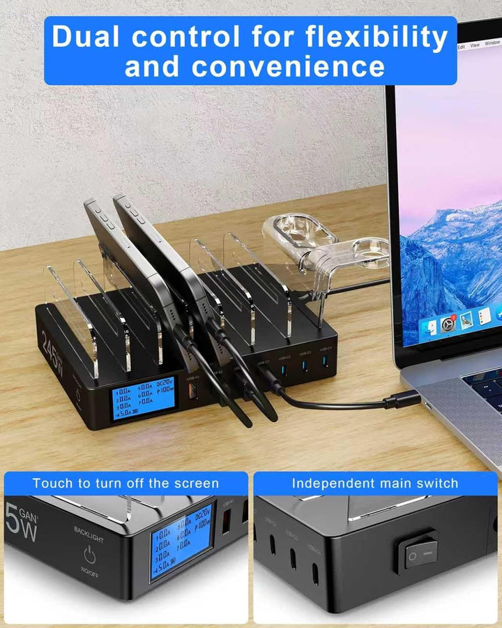 245W Ladestation für Mehrere Geräte, 7-Port USB Ladestation Handy Ladestation mit LCD-Anzeige mit 7