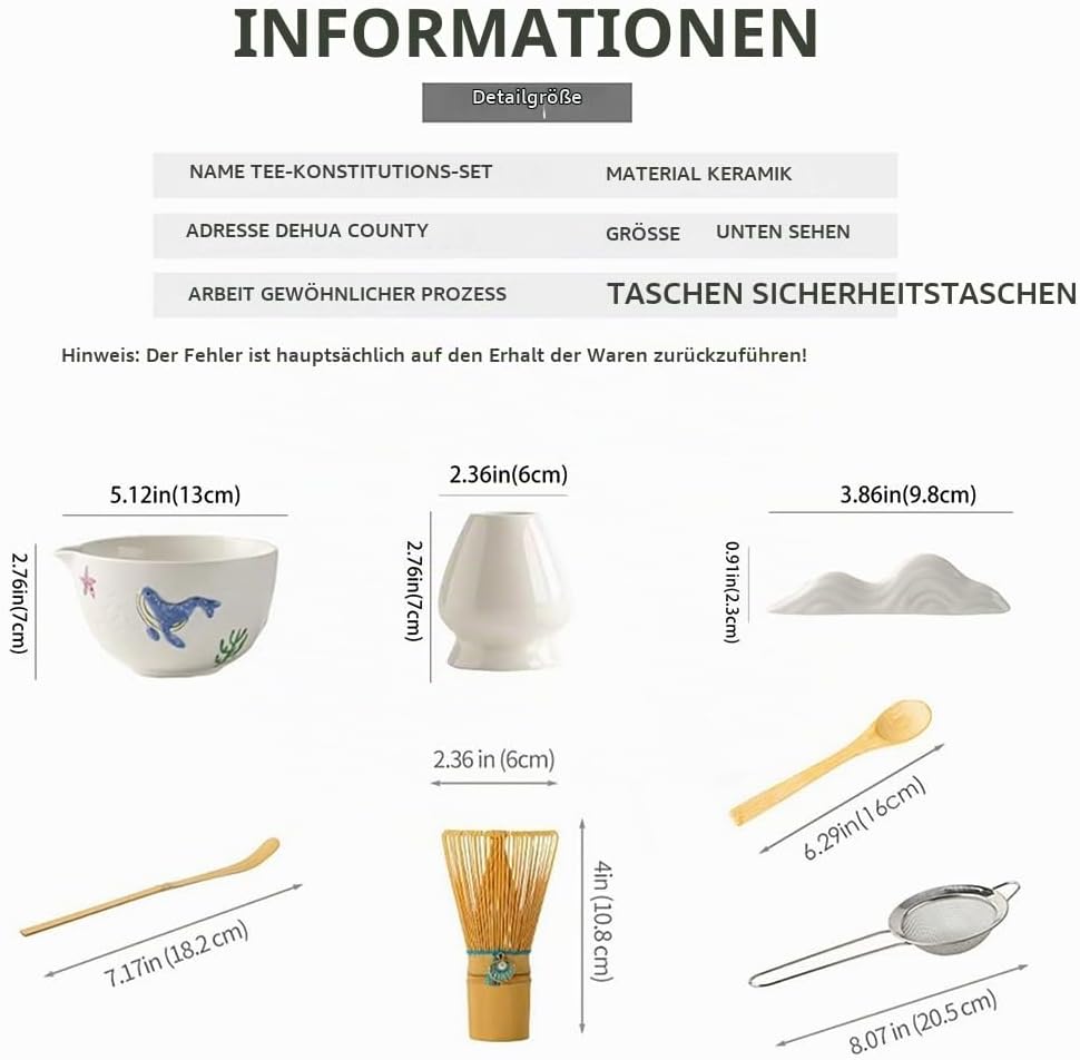 Japanisches Matcha-Tee-Set, 7-teilig, Keramik-Matchaschale mit Wal-Motiv, Bambus-Besen, Whisk-Halter