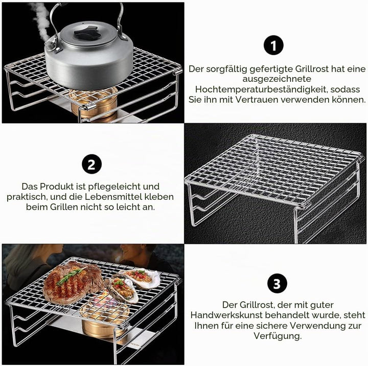 Grill-Warmhalterost aus robustem Edelstahl, tragbarer Grillrost mit Beinen für Outdoor, Rucksackreis