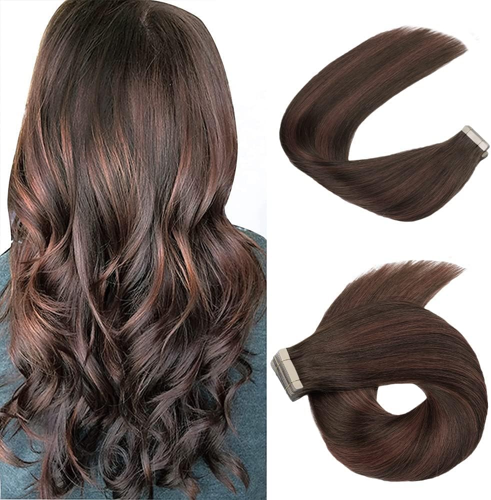 HotLulana Tape Extensions Echthaar Balayage Schokoladenbraun mit Dunkelrotbraun（#4/4/33) Tape in Ext