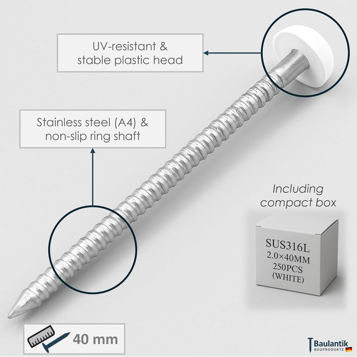 40 mm Poly-Top-Stifte/Nägel (250 Stück), Edelstahl, UPVC Kunststoffkopf, weiss