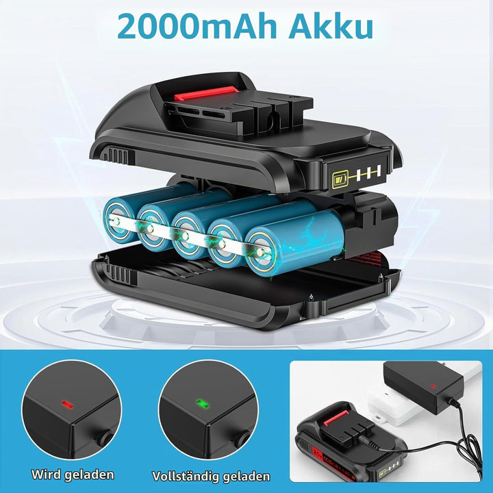 21V Akkuschrauber Set mit Koffer – 2×2000 mAh Akkus, 2-Gang, 25+3 Drehmomentstufen, 10 mm Schnellspa
