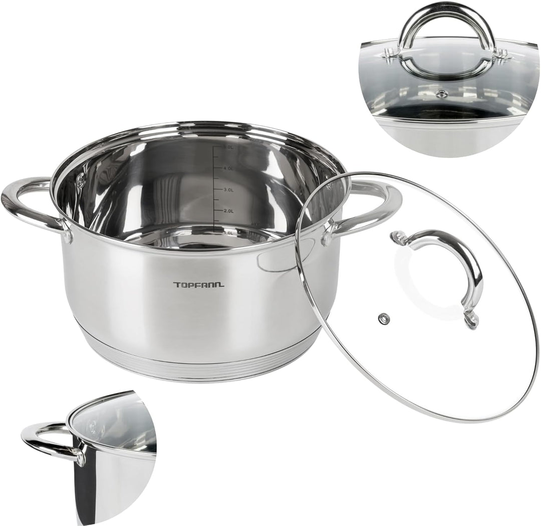 Edelstahl Kochtopf 22cm mit Glasdeckel Topf Suppentopf Universaltopf Induktion 4L
