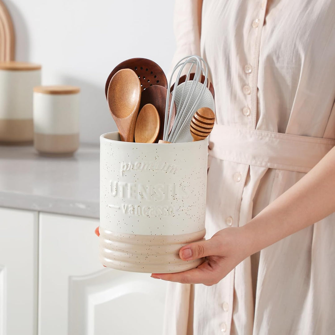 vancasso Sabine Utensilienhalter für Küchentheke, 15,7 cm, kleiner Keramik-Utensilienbehälter, creme