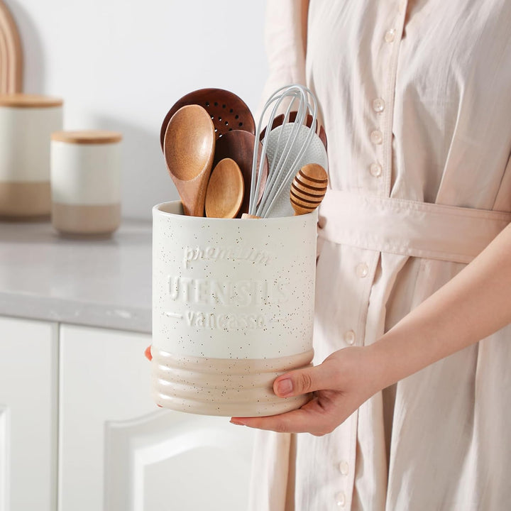 vancasso Sabine Utensilienhalter für Küchentheke, 15,7 cm, kleiner Keramik-Utensilienbehälter, creme