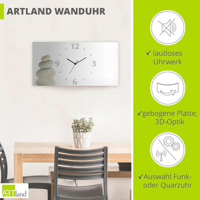 ARTLAND Wanduhr ohne Tickgeräusche Alu Quarzuhr 50x25 cm Rechteckig Lautlos Zen Asiatisch Spa Steine