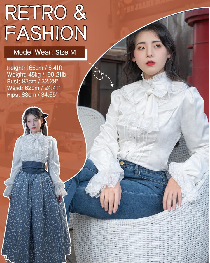 Fiamll Damen Viktorianisch Bluse Vintage Schleifenhemd Stehkragen mit Ruff Langarmshirt Mittelalter