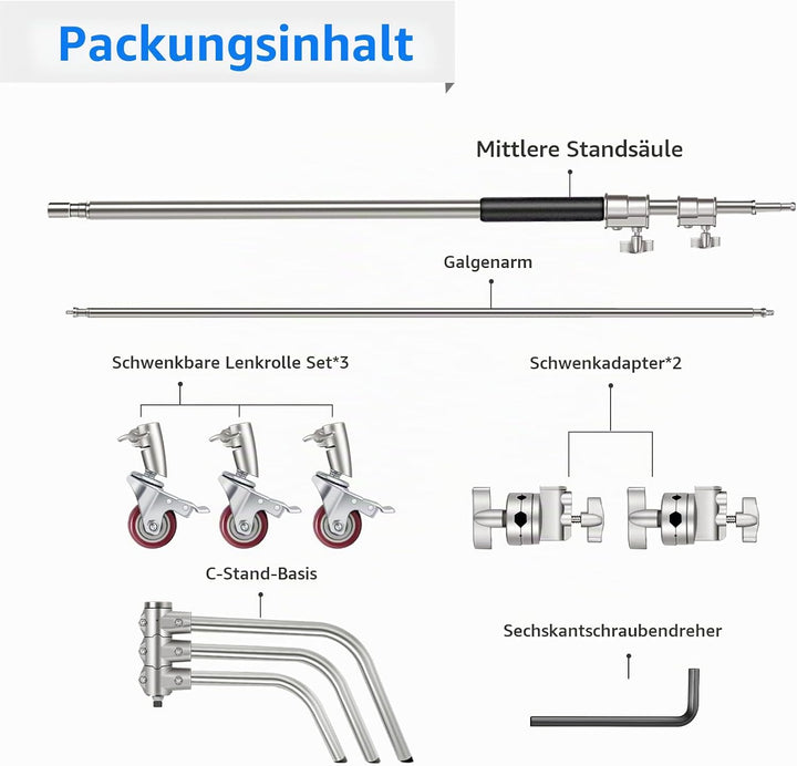 NEEWER Pro 100% Metall C Ständer Lichtständer mit Rädern, max. Höhe 330 cm Verstellbarer Reflektorst
