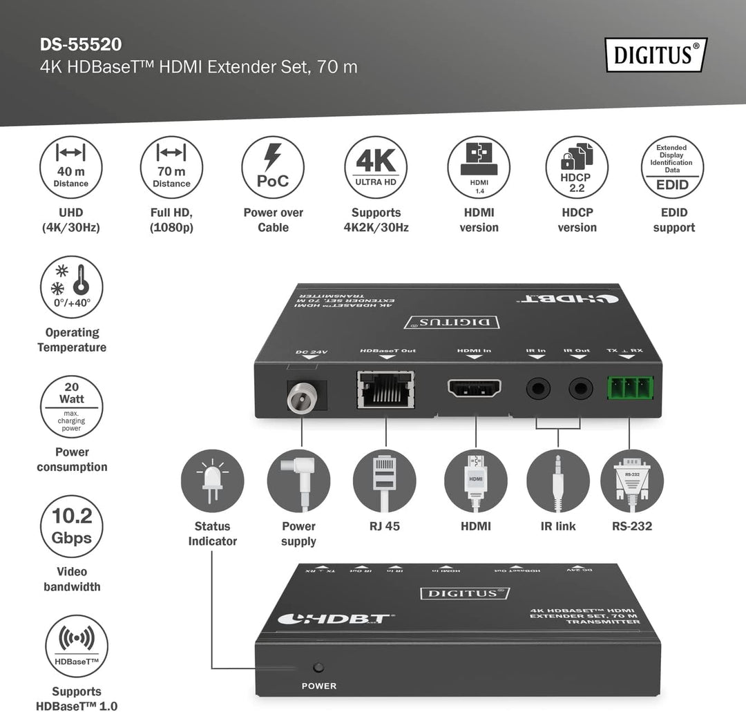 DIGITUS HDMI Extender - 4k/30Hz - Sender & Empfänger - HDBaseT 1.0 - HDMI 1.4b - Reichweite bis 70m