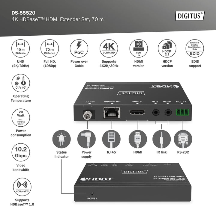 DIGITUS HDMI Extender - 4k/30Hz - Sender & Empfänger - HDBaseT 1.0 - HDMI 1.4b - Reichweite bis 70m
