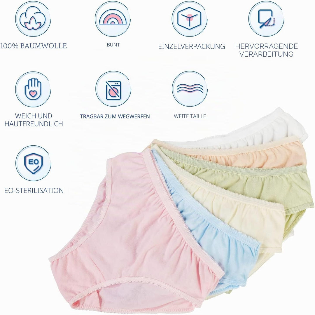 Travelcare Einwegunterwäsche für Damen Reisen Bunte Baumwollslips Individuell verpackte 100% Baumwol